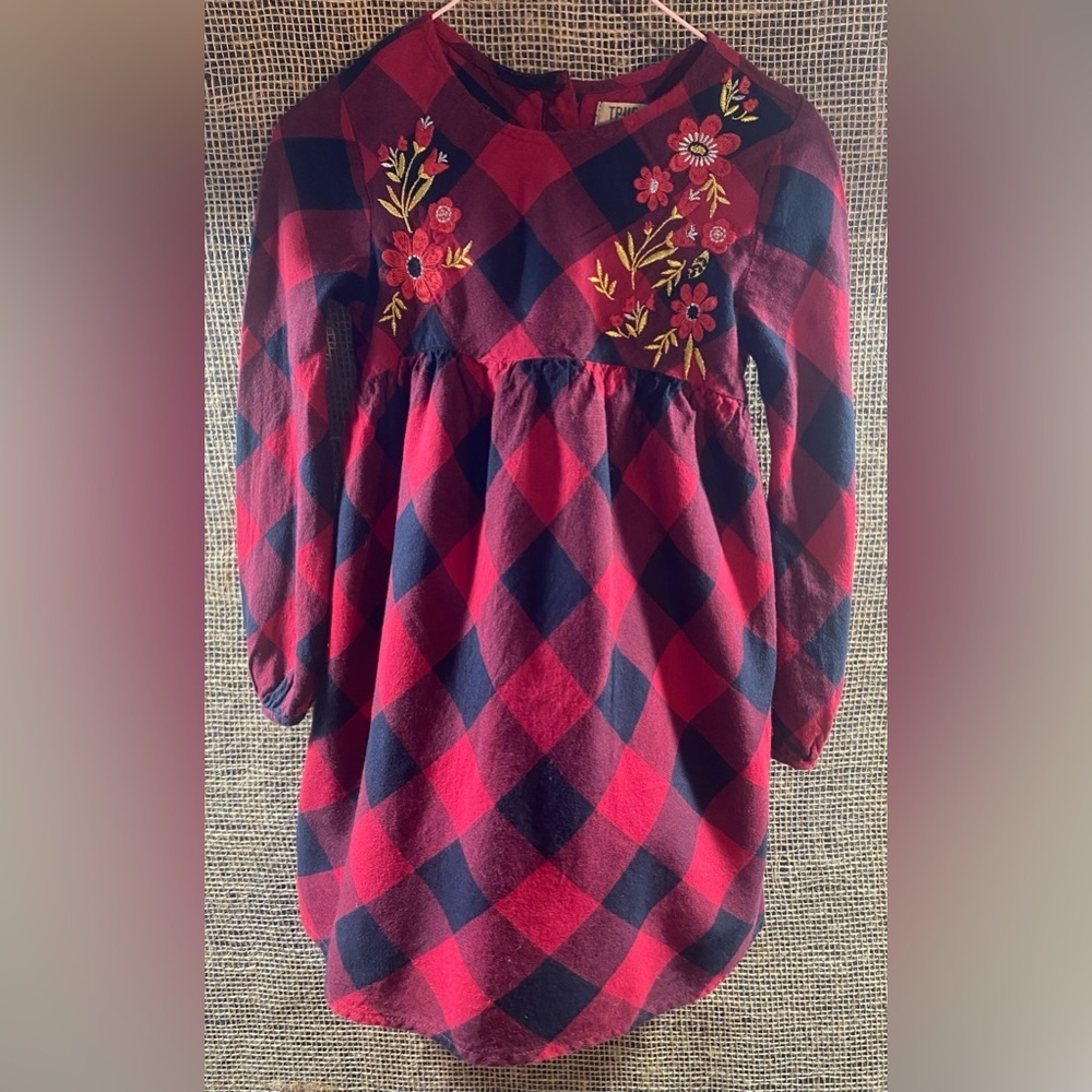 True Craft Red & Black Buffalo Plaid Long Sleeve Dress, Sz 4, Floral Embroidery